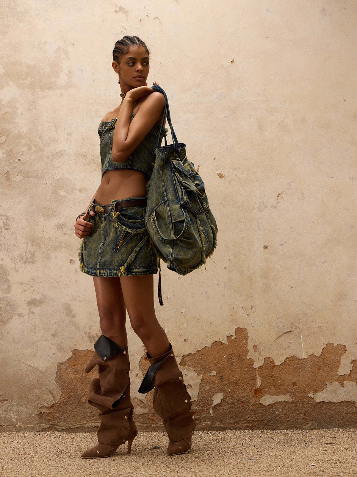 Personsoul Three-Stage Maxi Denim Skirt-IYAMIUIO