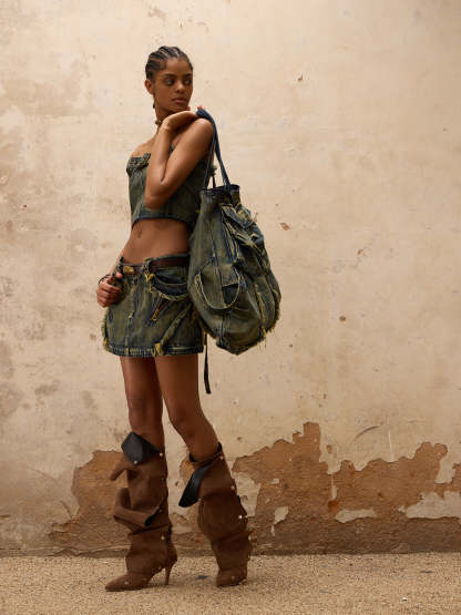 Personsoul Three-Stage Maxi Denim Skirt-IYAMIUIO