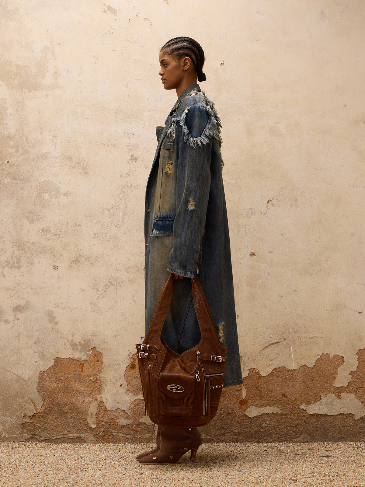 Personsoul Dirty Trench Denim Coat-IYAMIUIO