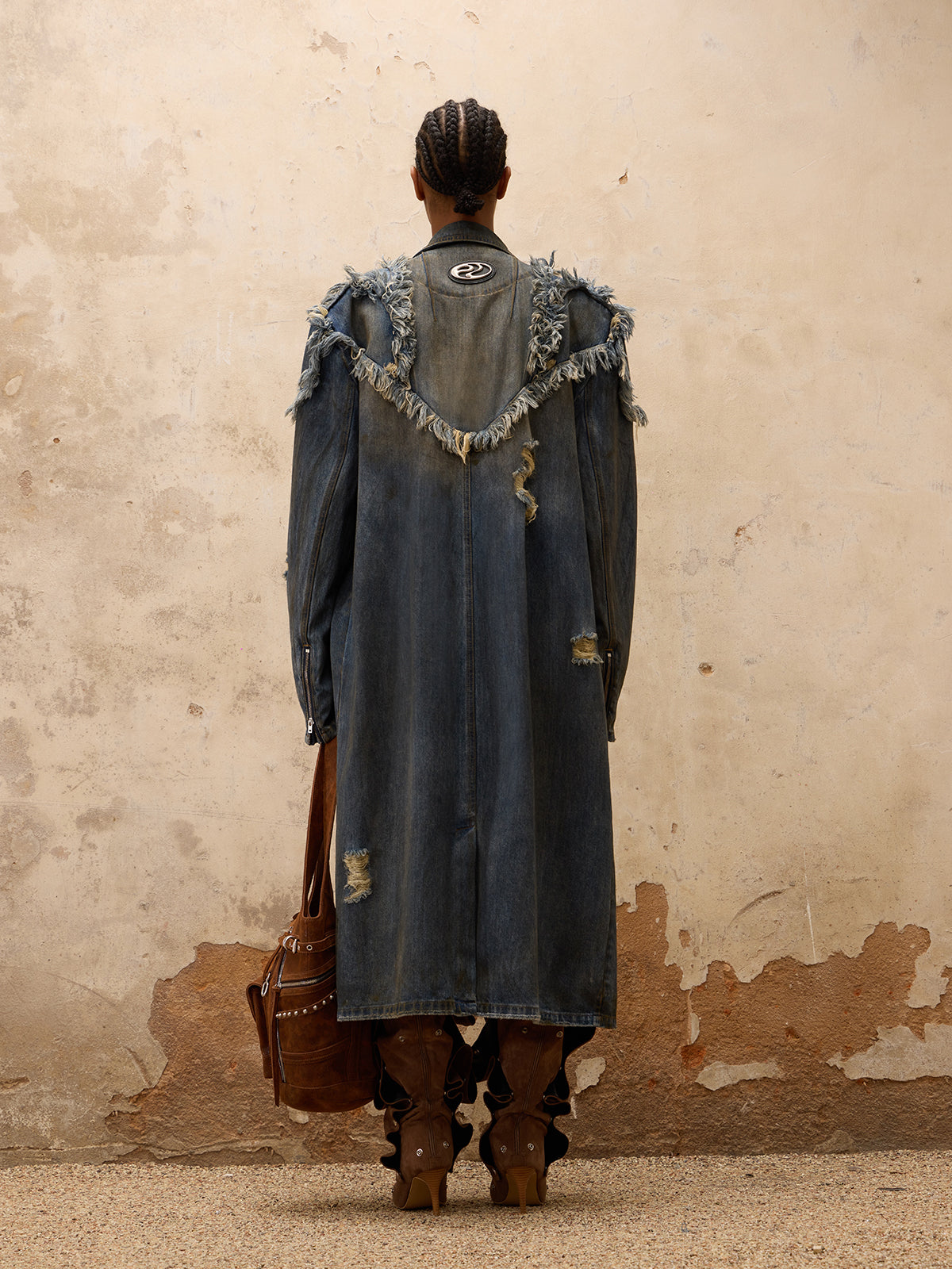 Personsoul Dirty Trench Denim Coat-IYAMIUIO