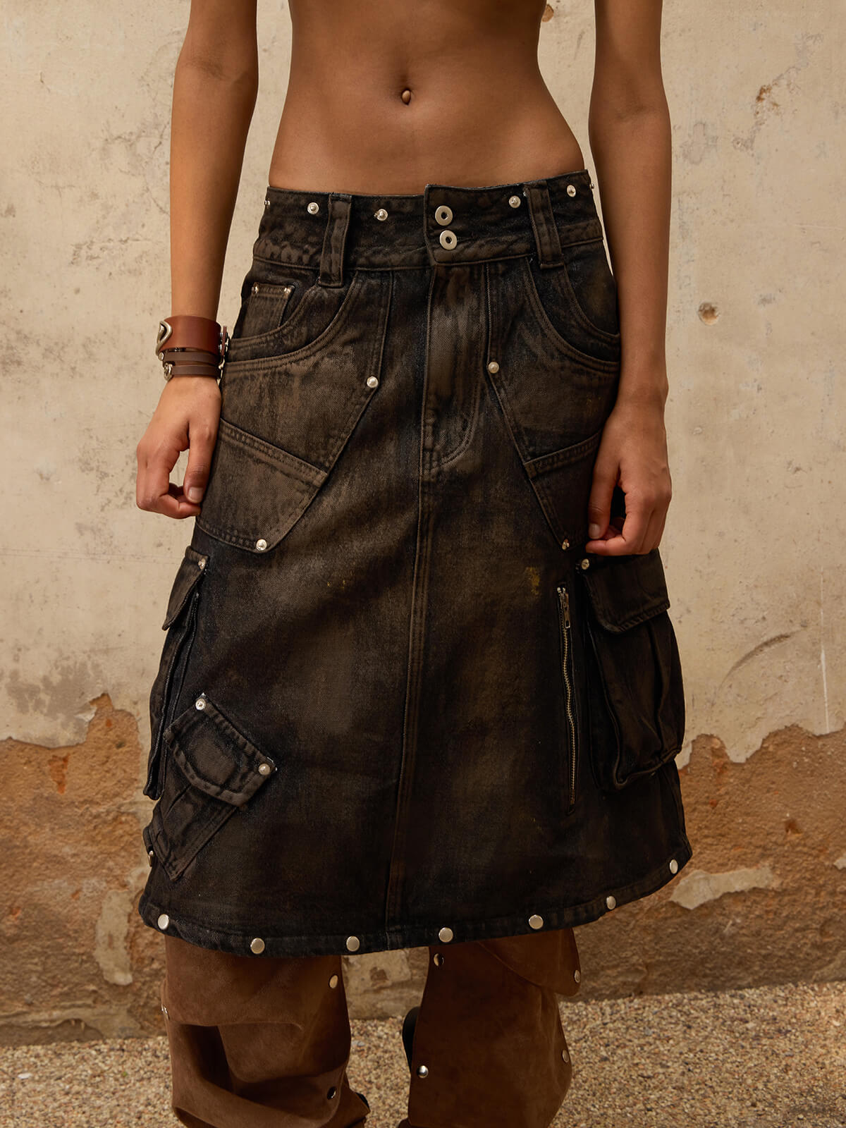 Personsoul Mud Maxi Denim Dungarees Skirt-IYAMIUIO