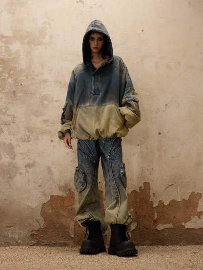 Personsoul Gradient Dirty Denim Hoodie-IYAMIUIO