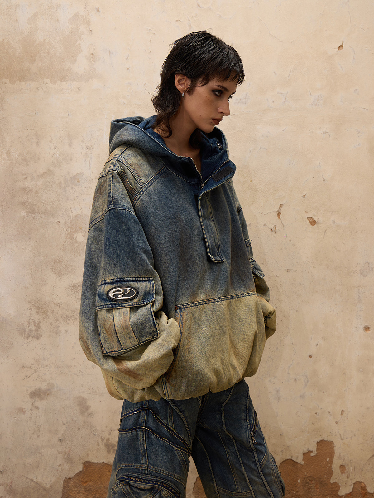 Personsoul Gradient Dirty Denim Hoodie-IYAMIUIO