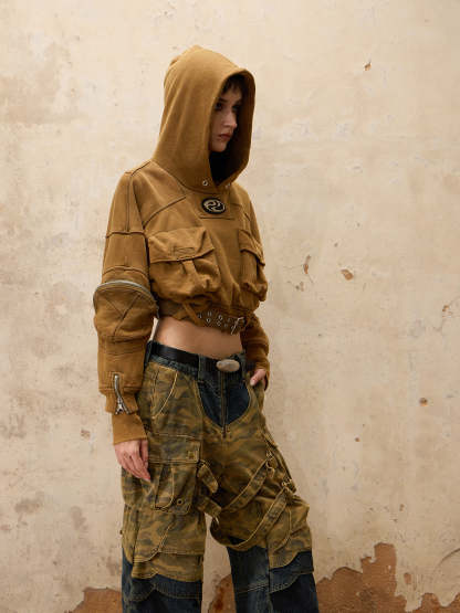 Personsoul Mutiple Pocket Short Hoodie-IYAMIUIO