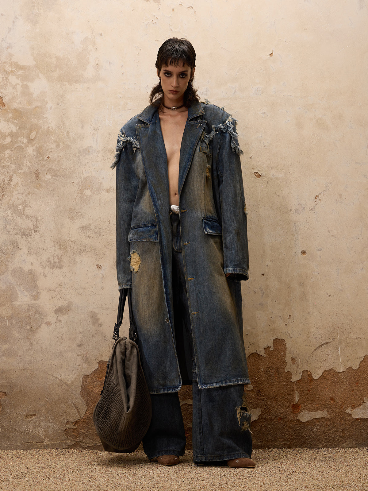 Personsoul Dirty Trench Denim Coat-IYAMIUIO