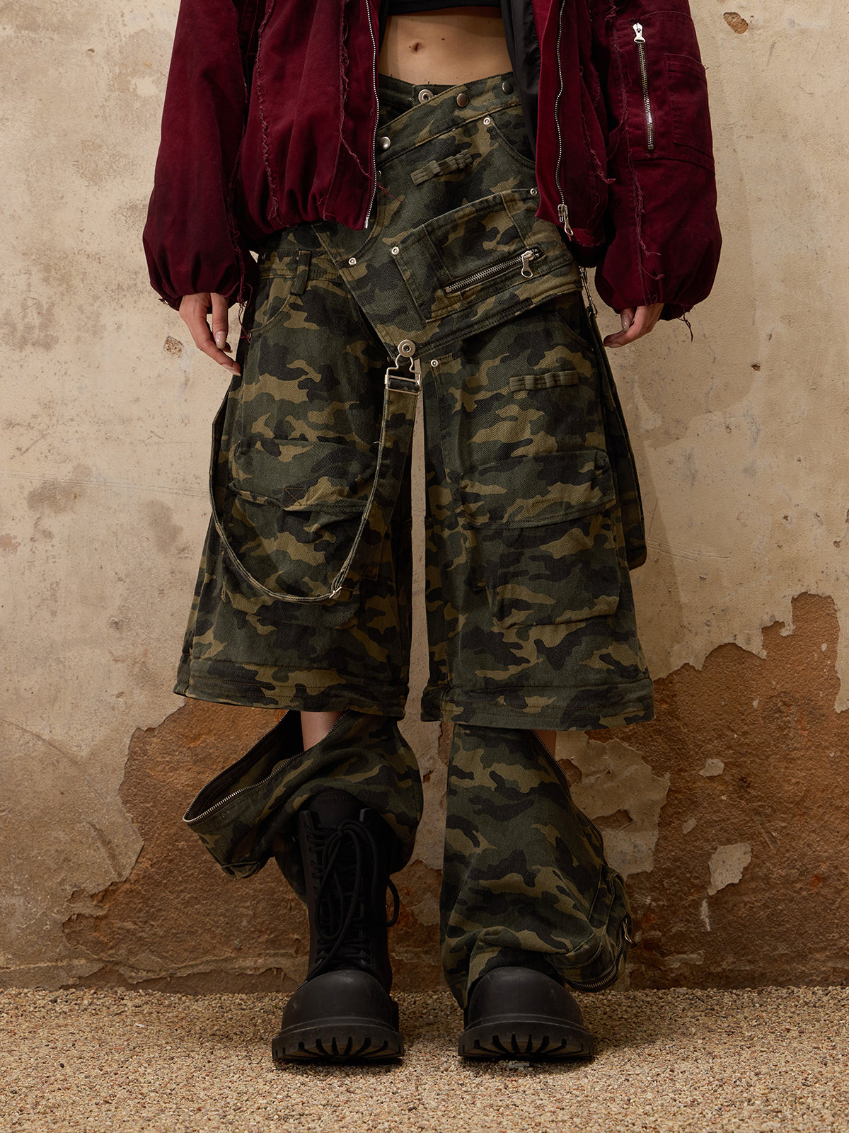 Personsoul Camouflage Overalls with Zip-Off Legs-IYAMIUIO