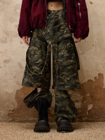 Personsoul Camouflage Overalls with Zip-Off Legs-IYAMIUIO