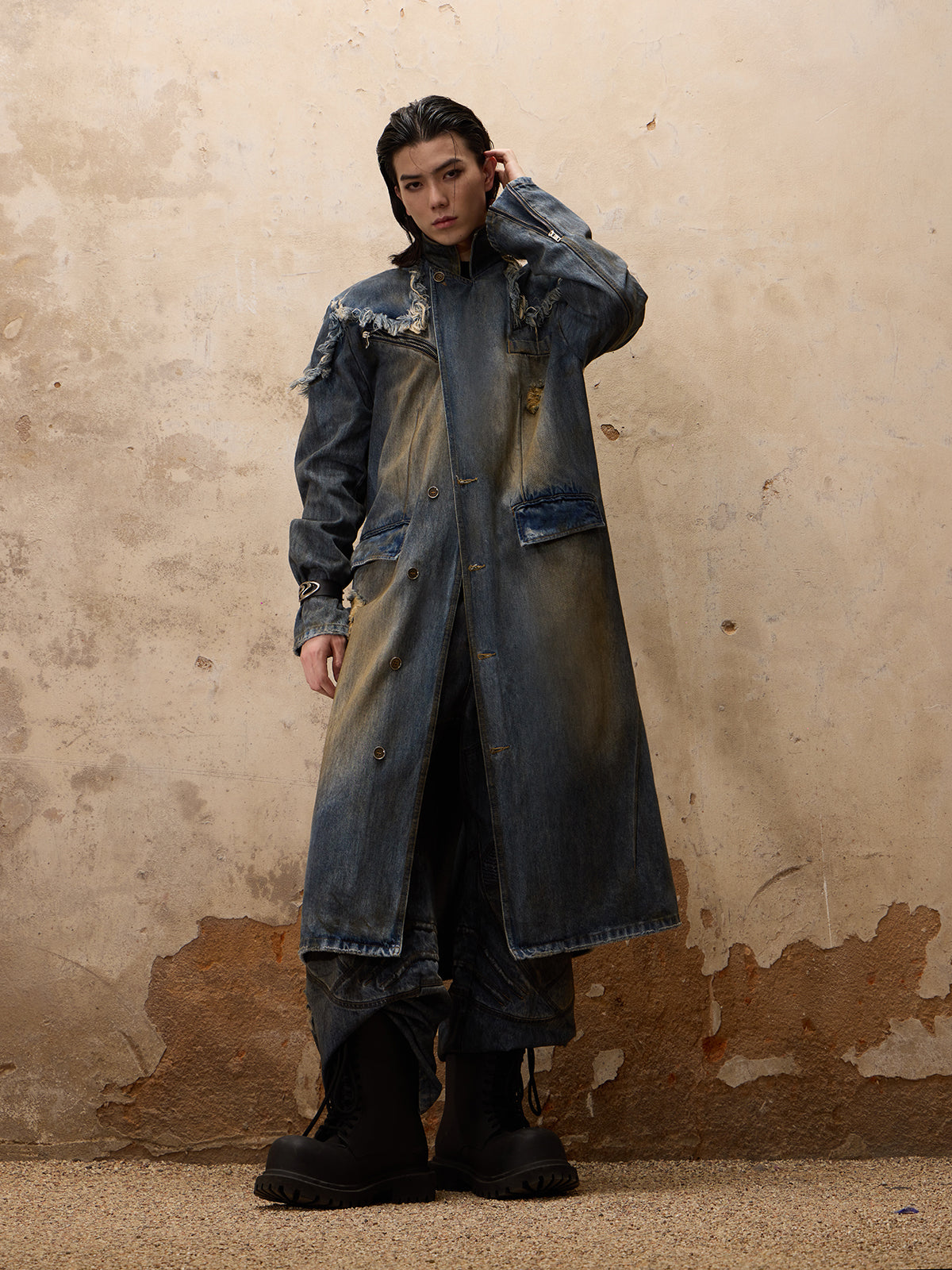 Personsoul Dirty Trench Denim Coat-IYAMIUIO