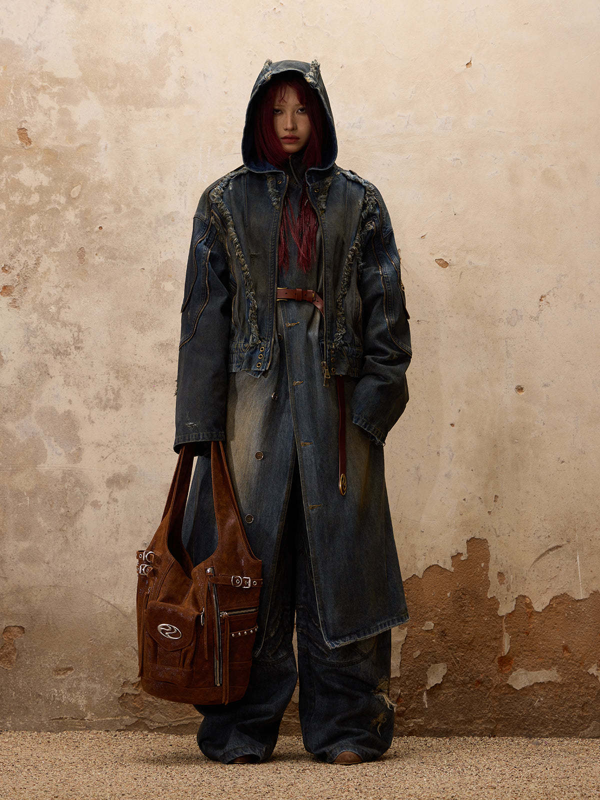 Personsoul Dirty Trench Denim Coat-IYAMIUIO
