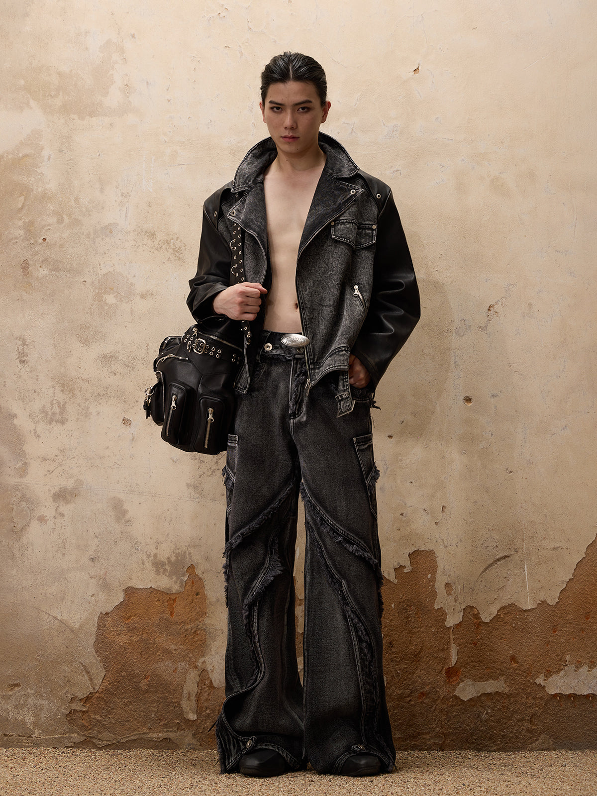 Personsoul Motorcycle Denim Leather Jacket-IYAMIUIO