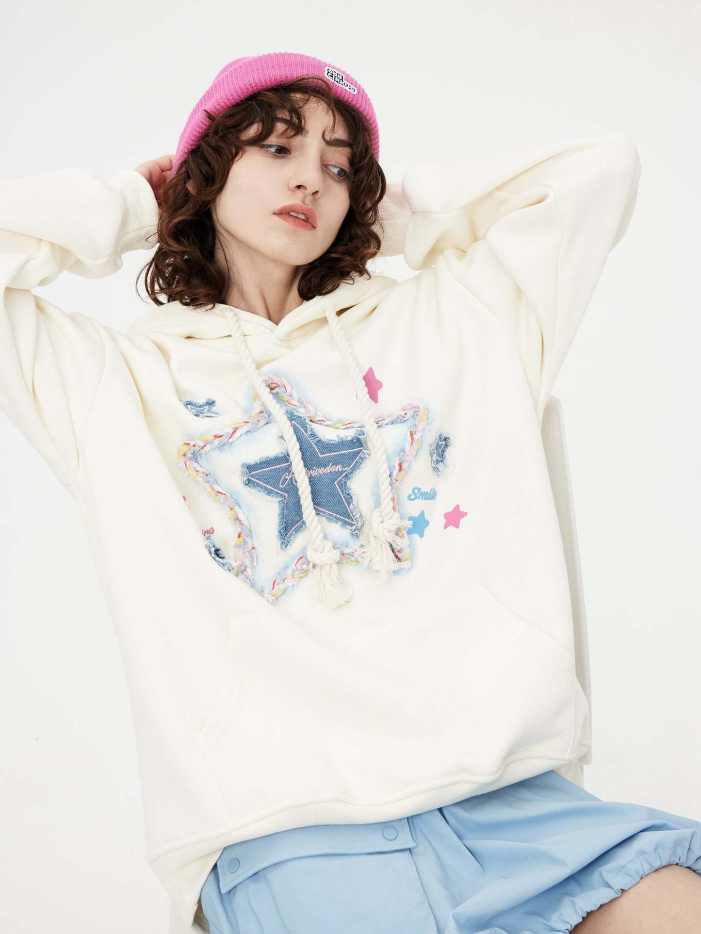 Aelfric Eden Denim Star Applique Embroidery Hoodie-IYAMIUIO