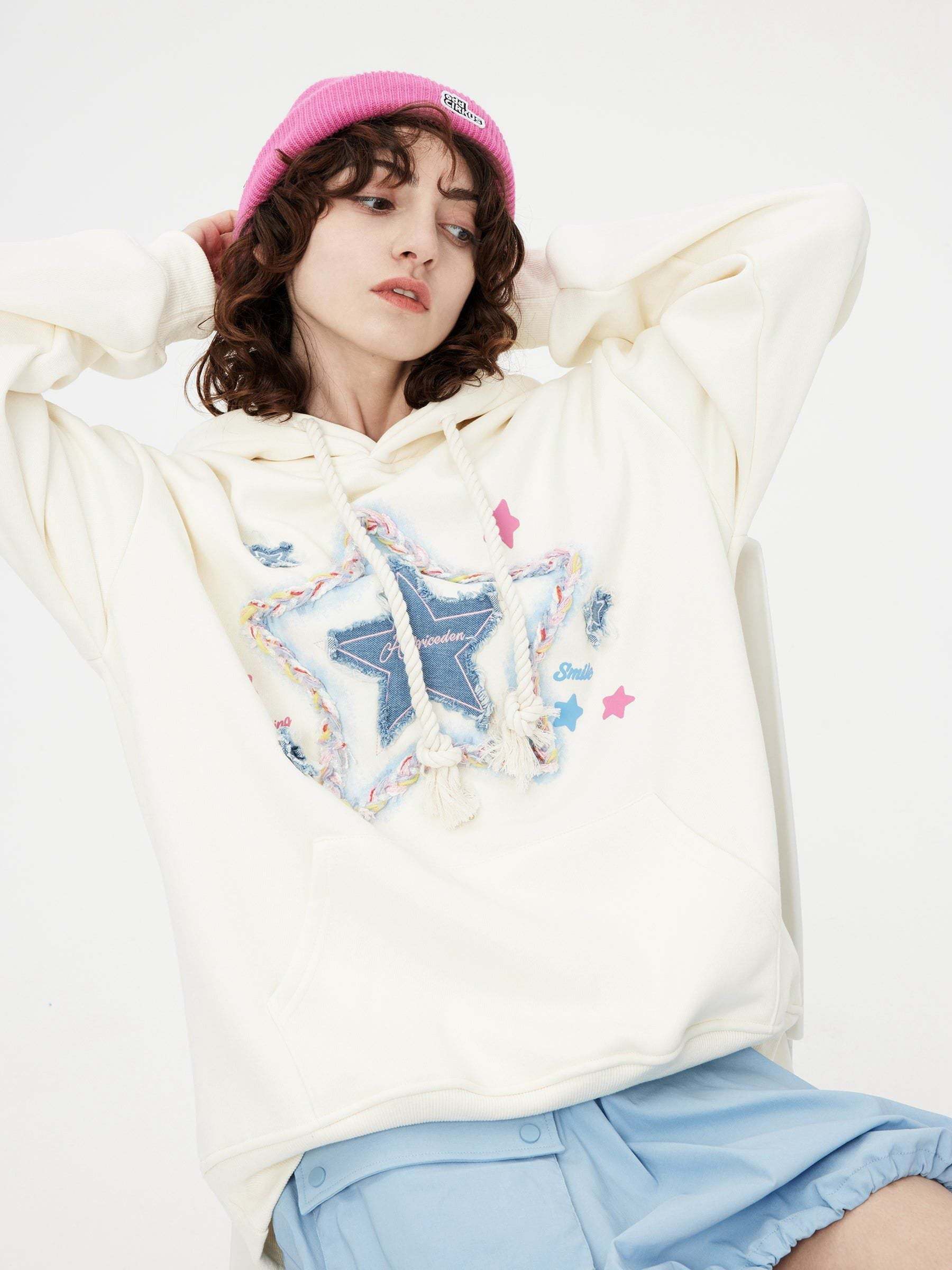 Aelfric Eden Denim Star Applique Embroidery Hoodie-IYAMIUIO