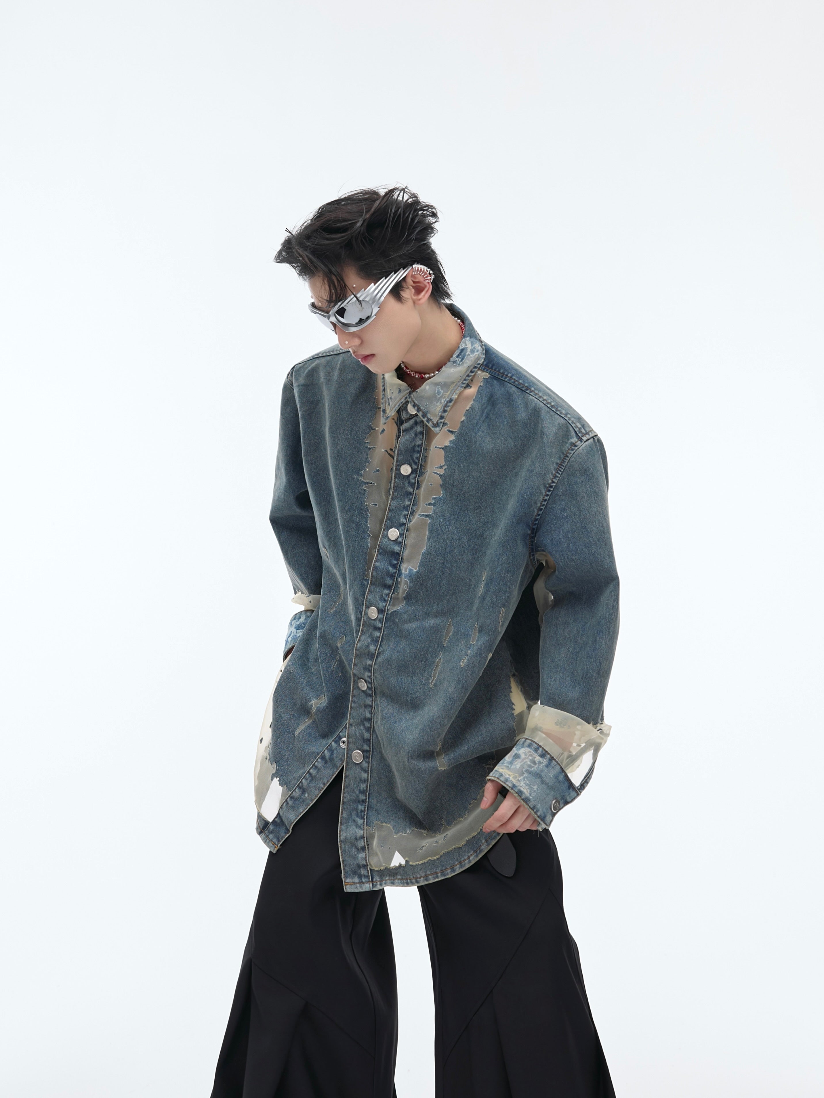 【24s April.】Mesh Hollow Design Denim Shirt-IYAMIUIO