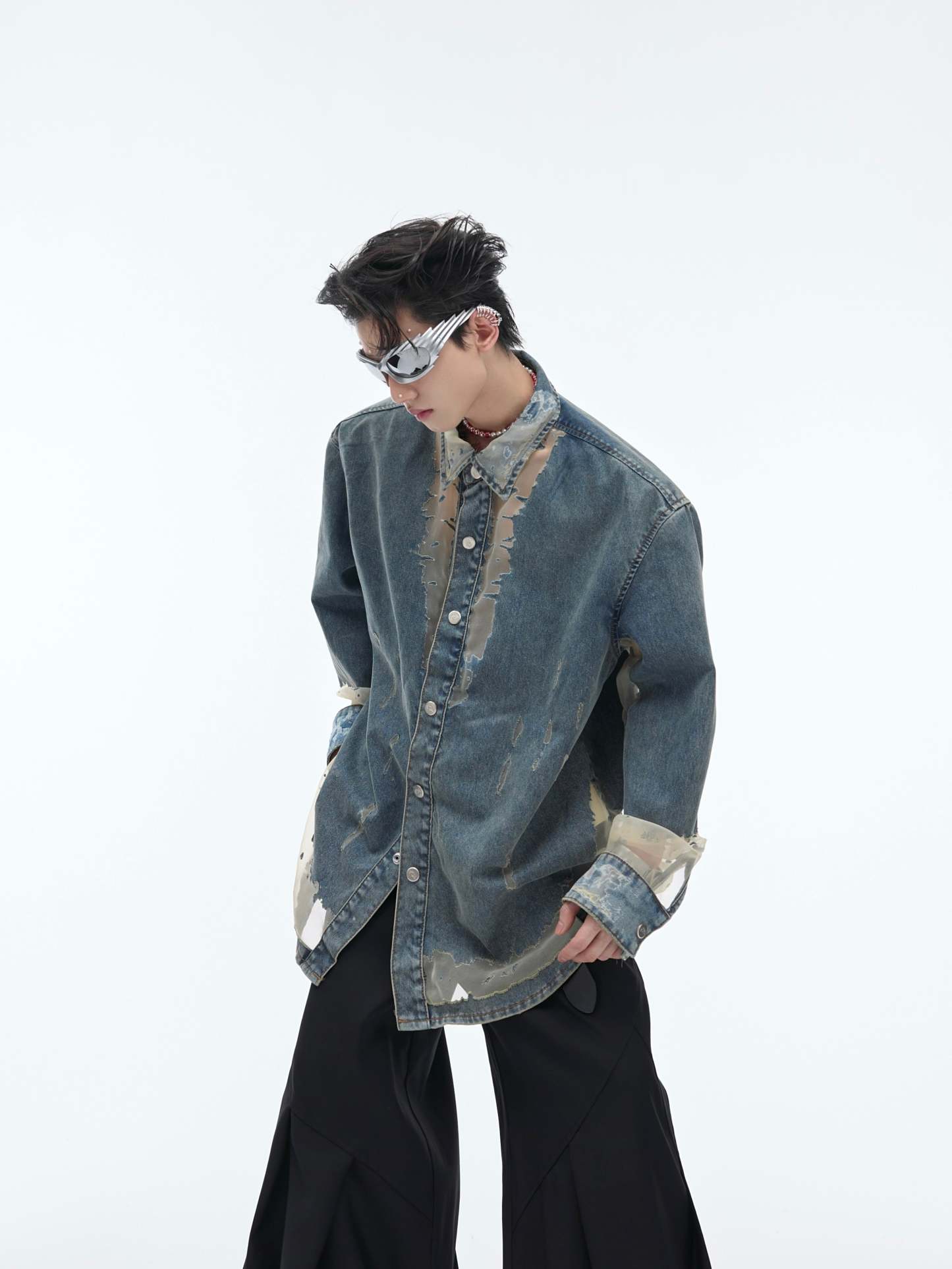 【24s April.】Mesh Hollow Design Denim Shirt-IYAMIUIO