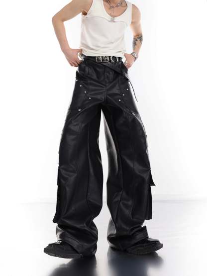 【23s July.】Large Pocket Studded Leather Pants-IYAMIUIO