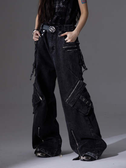 【24s June.】Patchwork Multi-pocket Cargo Jeans-IYAMIUIO