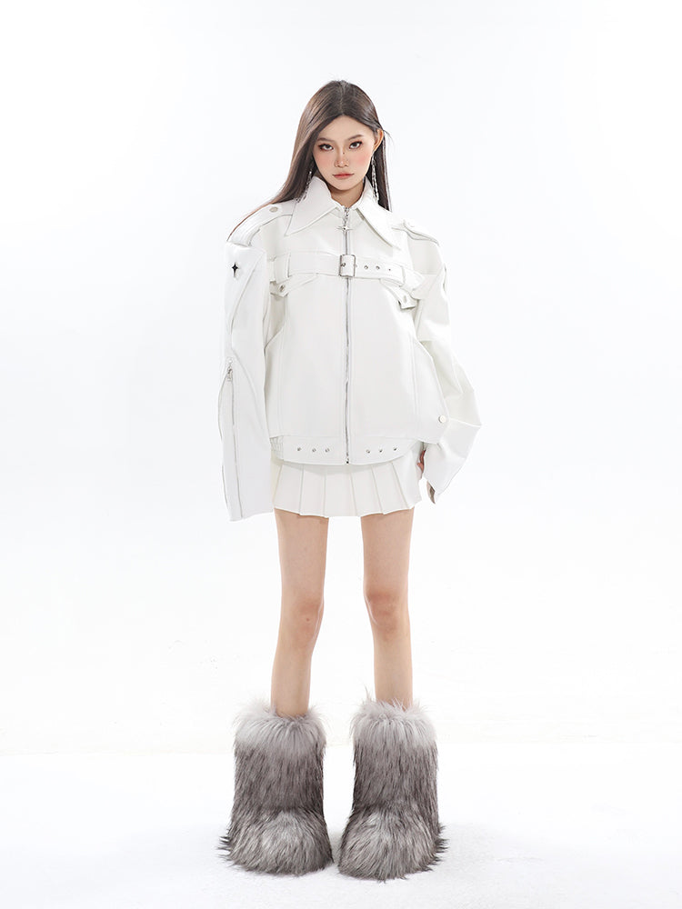 【23s August.】Minimalist Metallic Leather Jacket-IYAMIUIO