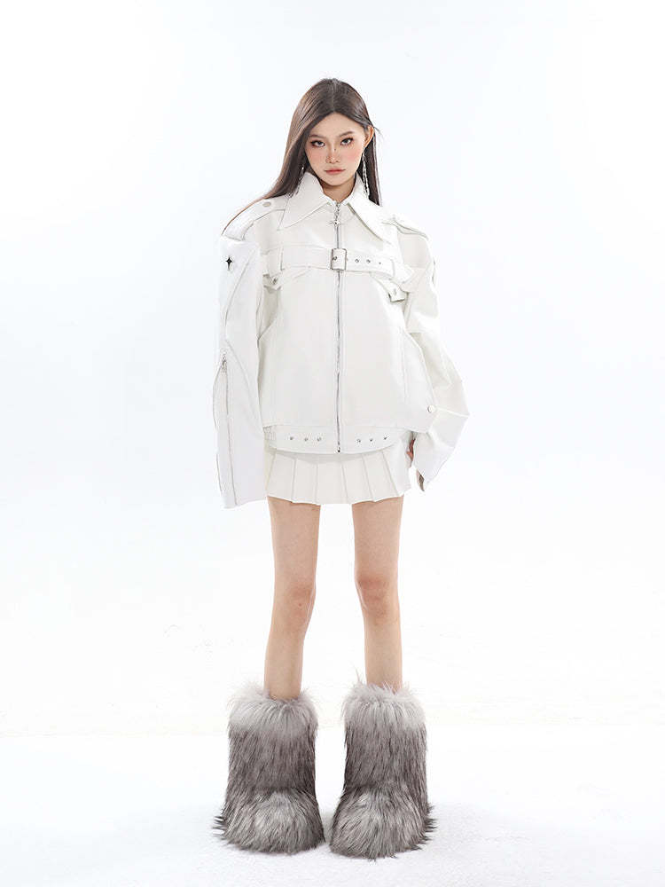 【23s August.】Minimalist Metallic Leather Jacket-IYAMIUIO