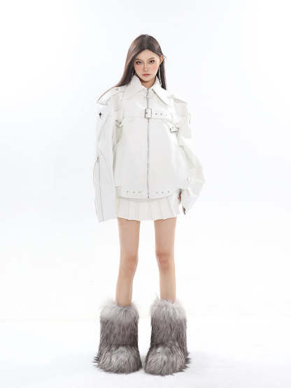 【23s August.】Minimalist Metallic Leather Jacket-IYAMIUIO