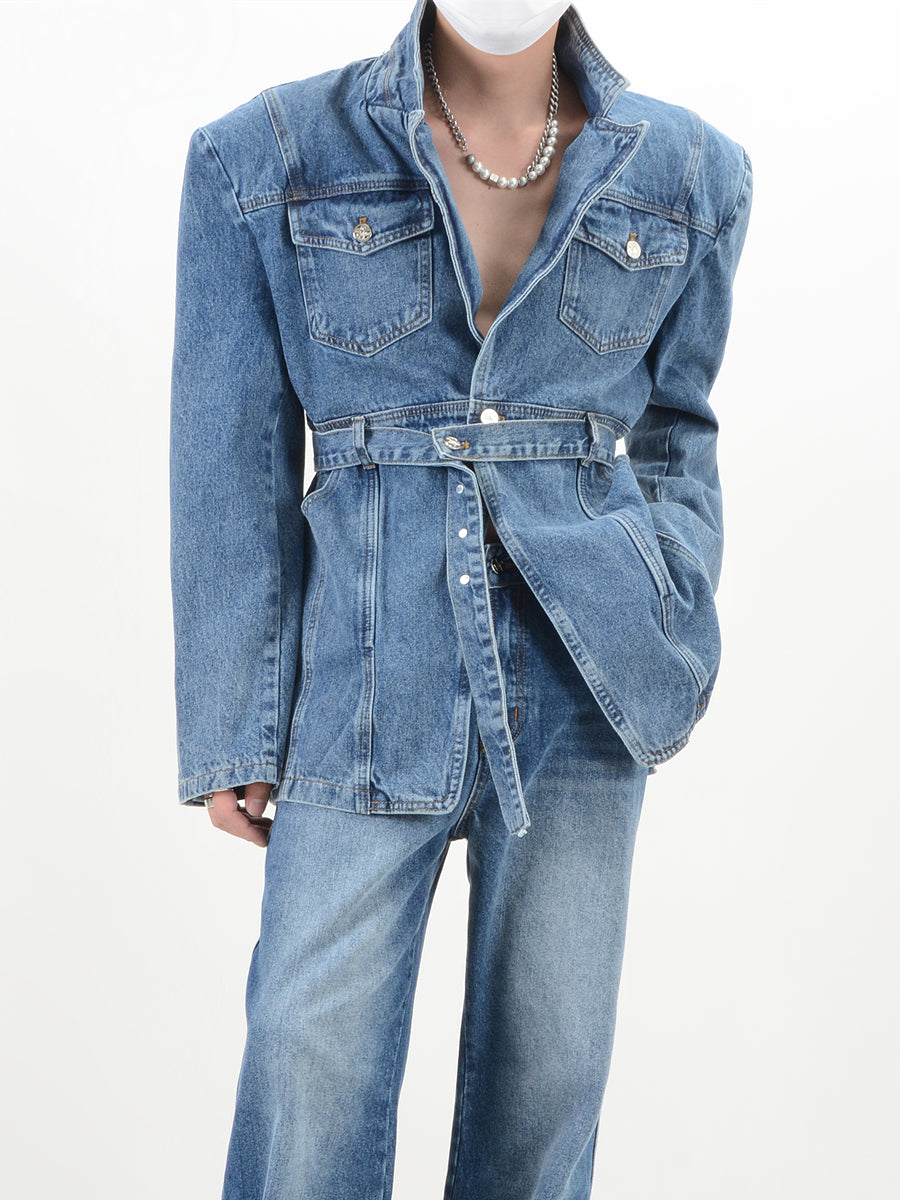 【23s November.】V-neck Denim Jacket with Cinched Waist-IYAMIUIO
