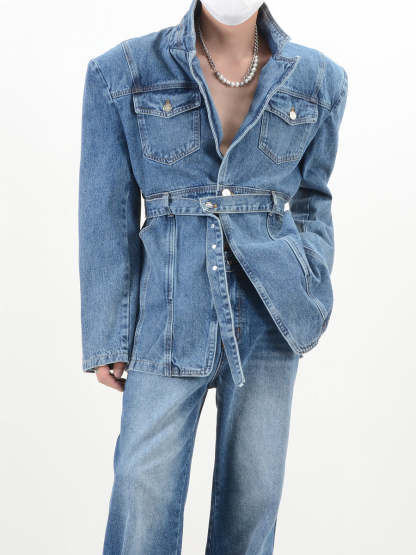 【23s November.】V-neck Denim Jacket with Cinched Waist-IYAMIUIO