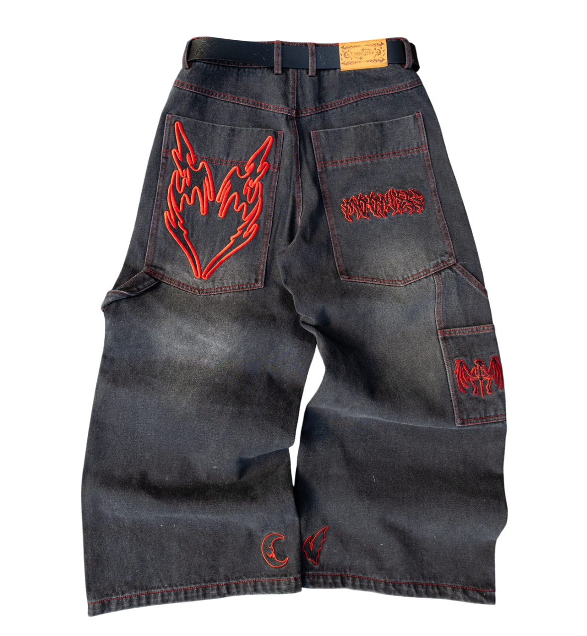 RED LOVELESS DOUBLE KNEES CARPENTER WIDE-LEG DENIMS.