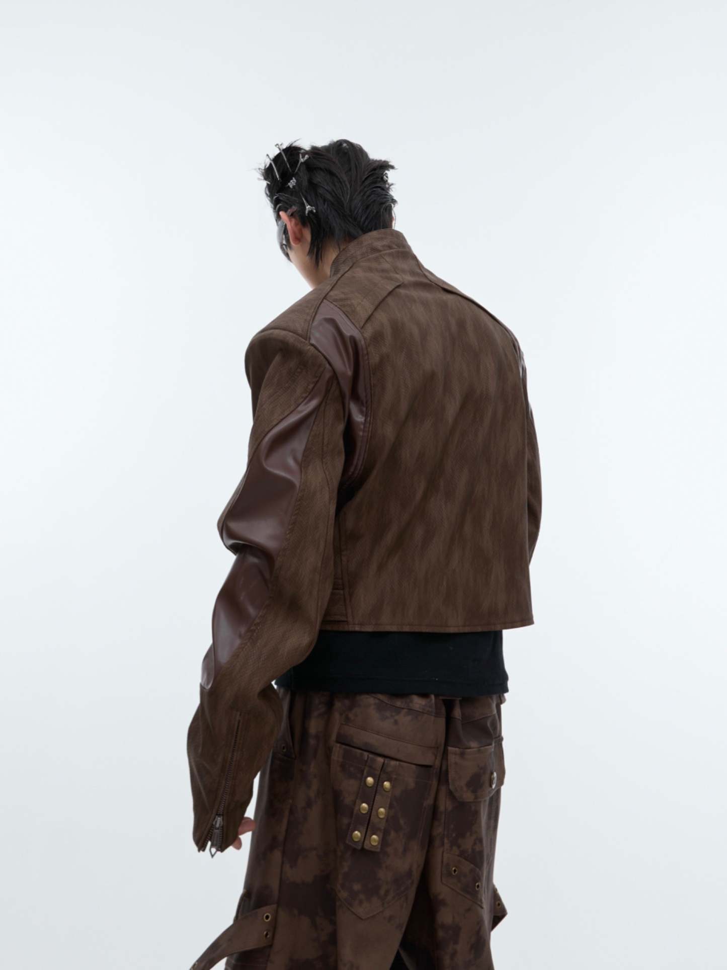 【24s Sep.】Pleated Cropped Heavy Leather Motorcycle Jacket-IYAMIUIO