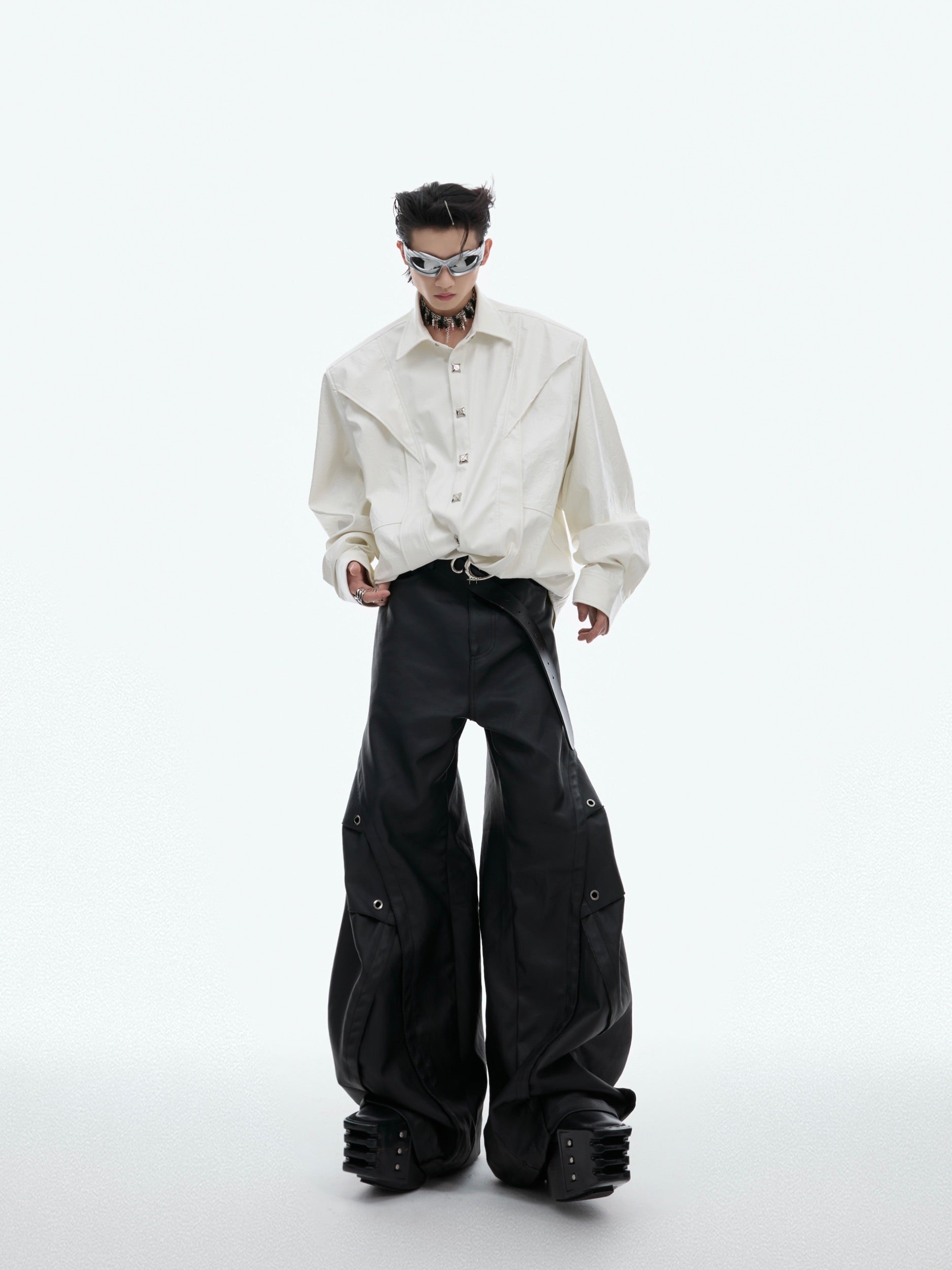 【24s Oct.】Deconstructed Metal Button Long Sleeve Leather Shirt-IYAMIUIO