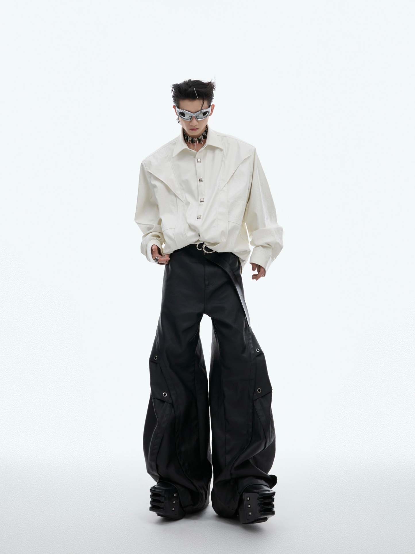 【24s Oct.】Deconstructed Metal Button Long Sleeve Leather Shirt-IYAMIUIO