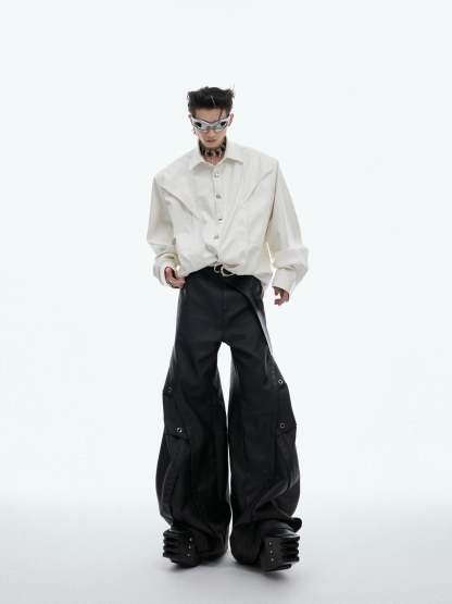 【24s Oct.】Deconstructed Metal Button Long Sleeve Leather Shirt-IYAMIUIO