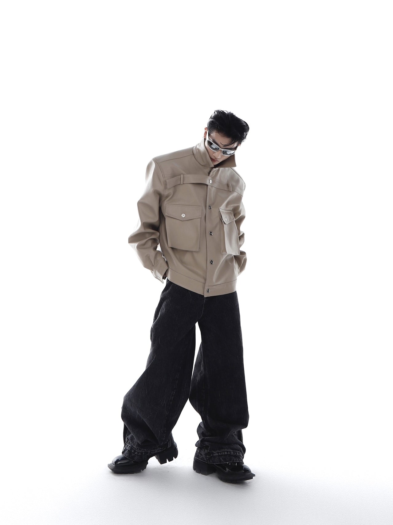 【23s Feb.】Large Pocket High Shoulder Leather Jacket-IYAMIUIO