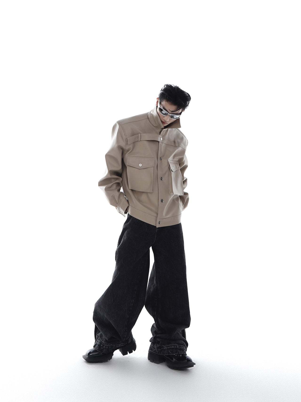 【23s Feb.】Large Pocket High Shoulder Leather Jacket-IYAMIUIO