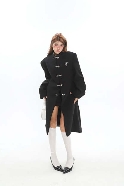 【23s December.】Long Woolen Coat with Metal Buckles-IYAMIUIO