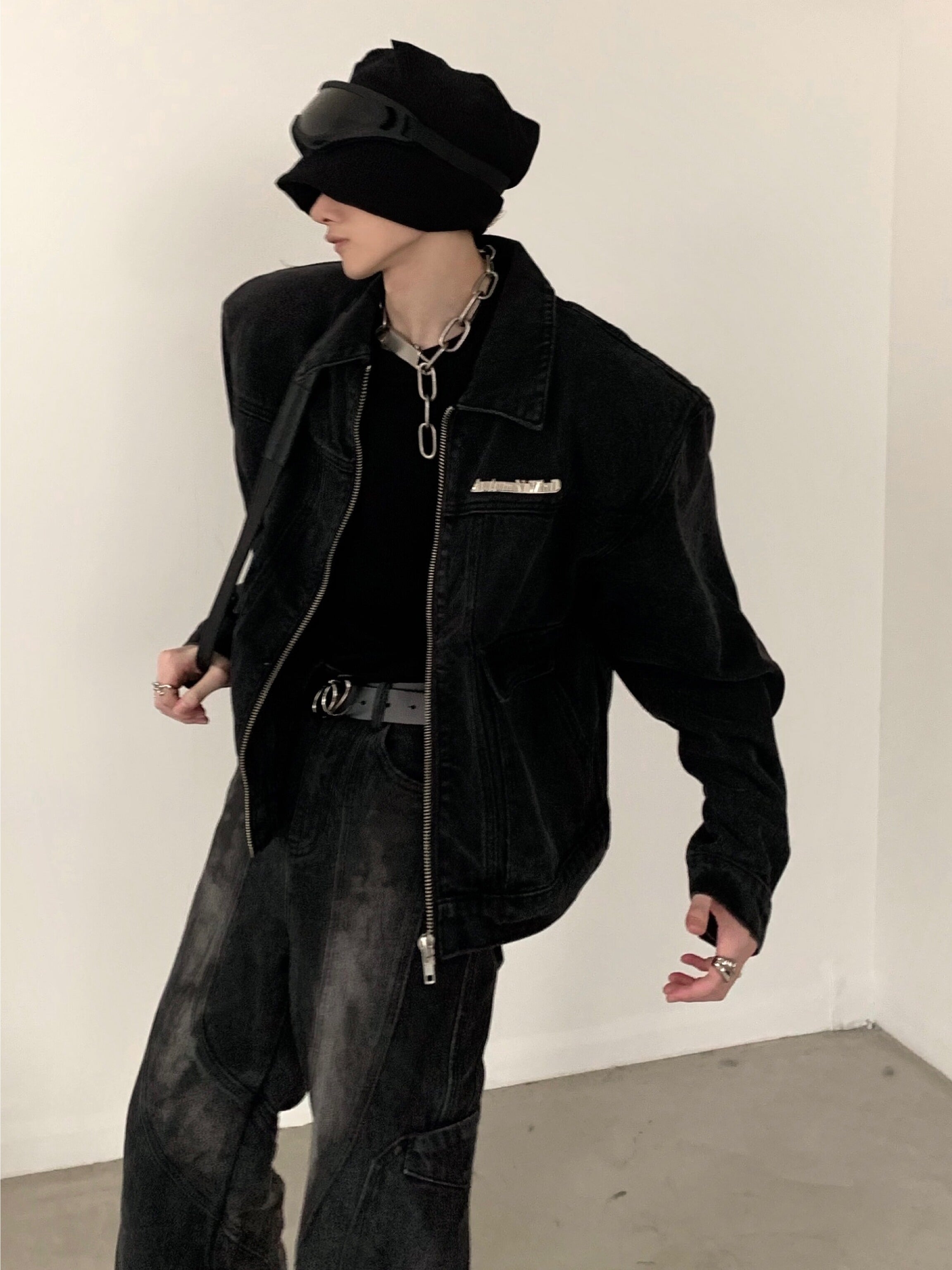 【24s March.】Retro Two-tone Shoulder Padded Denim Jacket-IYAMIUIO