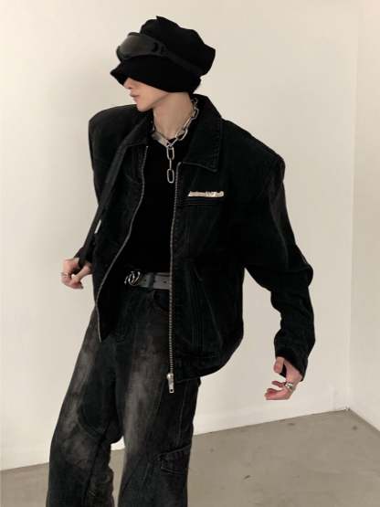 【24s March.】Retro Two-tone Shoulder Padded Denim Jacket-IYAMIUIO