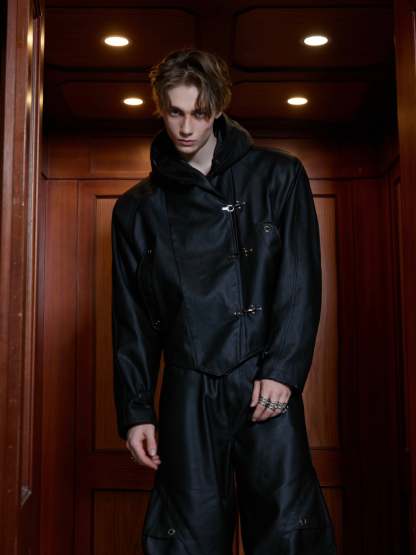 【24s Sep.】Hooded Leather Jacket with Metal Button Detail-IYAMIUIO