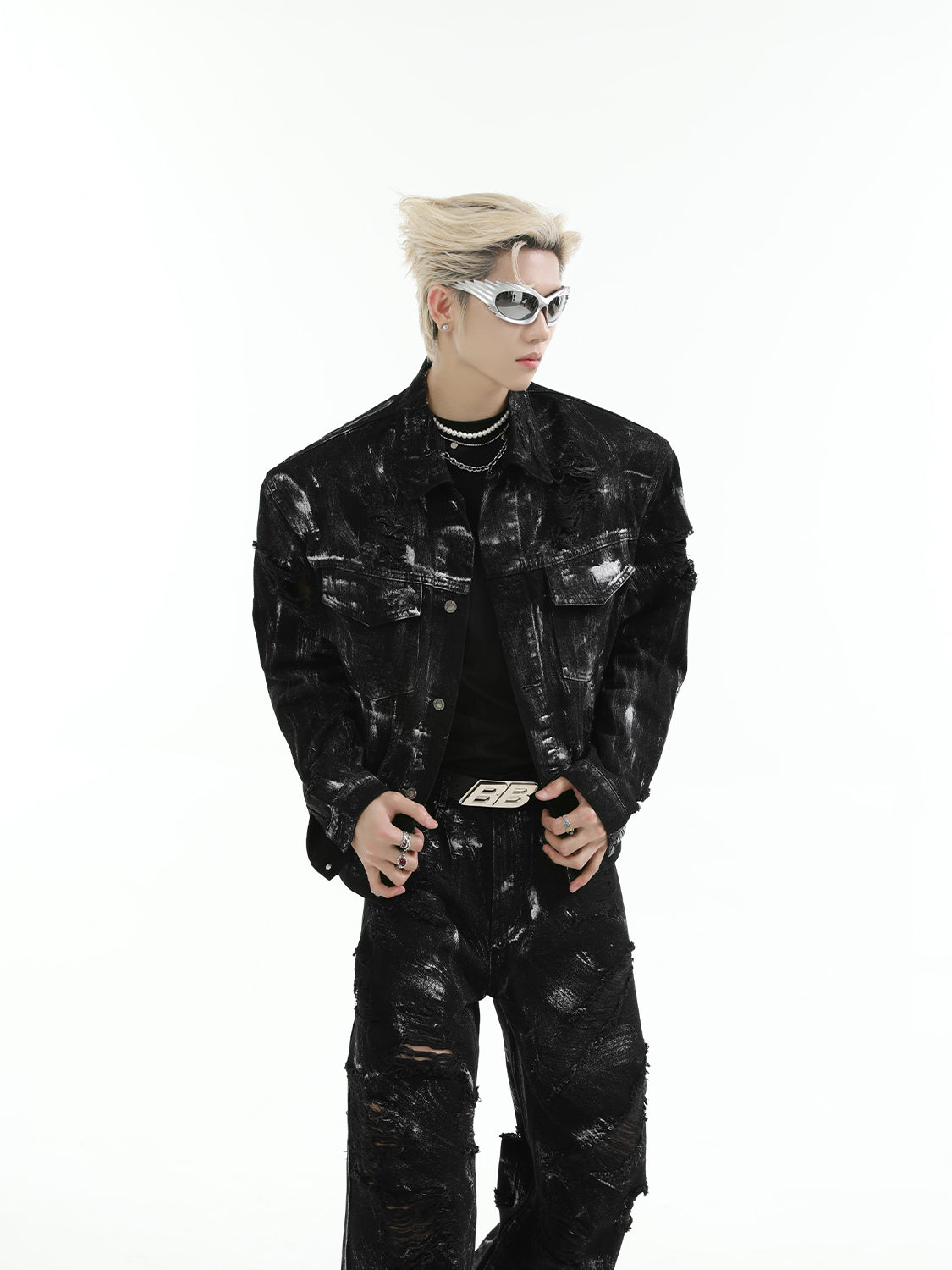 【24s Aug.】 Ink Splash Deconstructed Ripped Denim Suit-IYAMIUIO