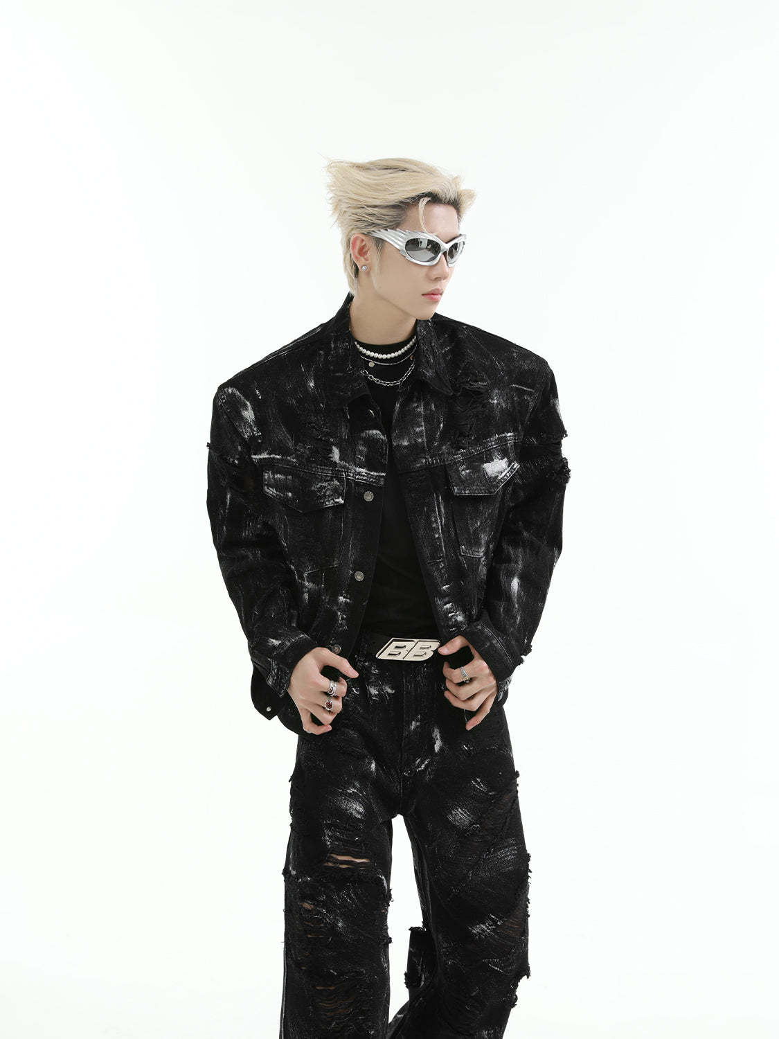 【24s Aug.】 Ink Splash Deconstructed Ripped Denim Suit-IYAMIUIO