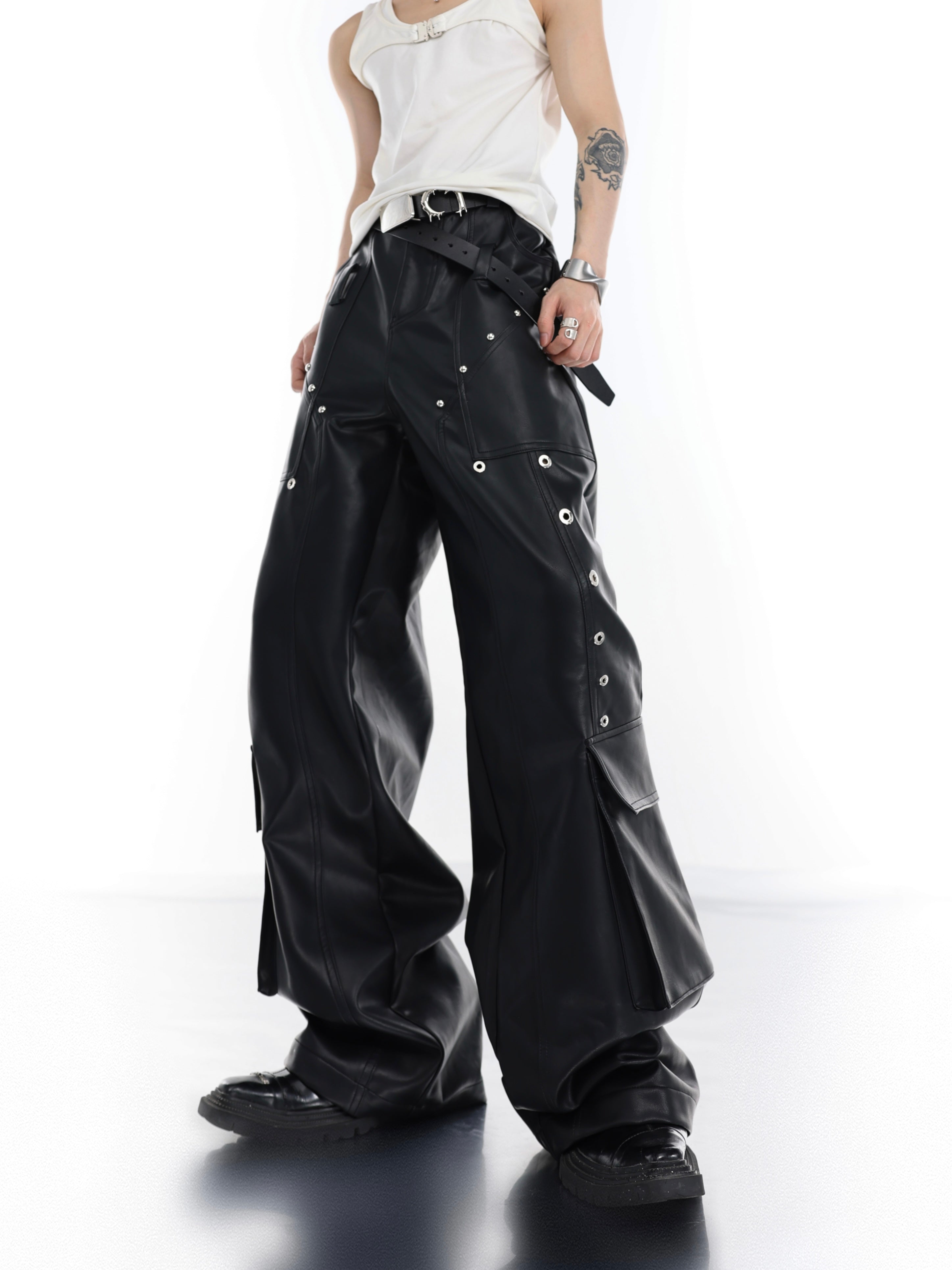 【23s July.】Large Pocket Studded Leather Pants-IYAMIUIO