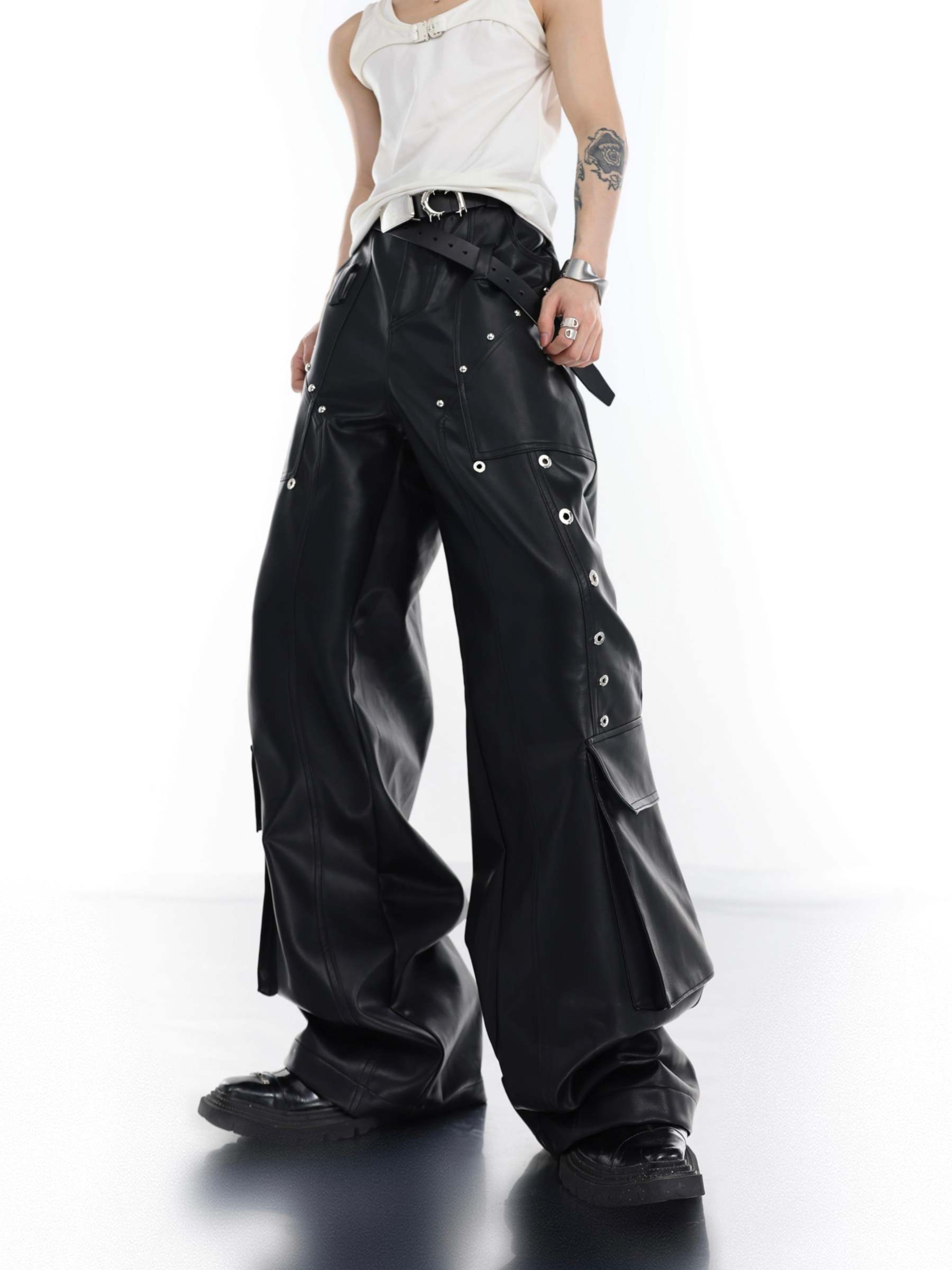 【23s July.】Large Pocket Studded Leather Pants-IYAMIUIO