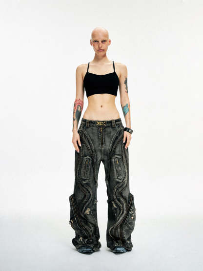 Personsoul Dirty Ripped Denim Baggy Jeans-IYAMIUIO