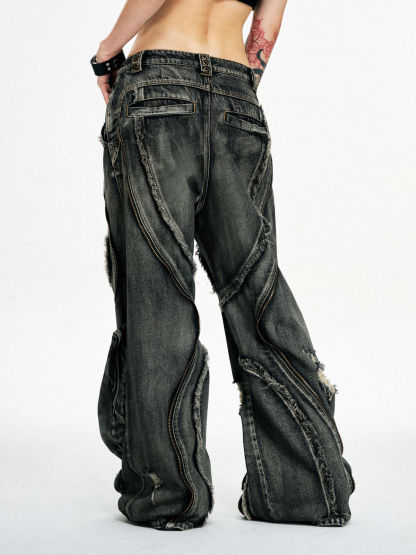 Personsoul Dirty Ripped Denim Baggy Jeans-IYAMIUIO