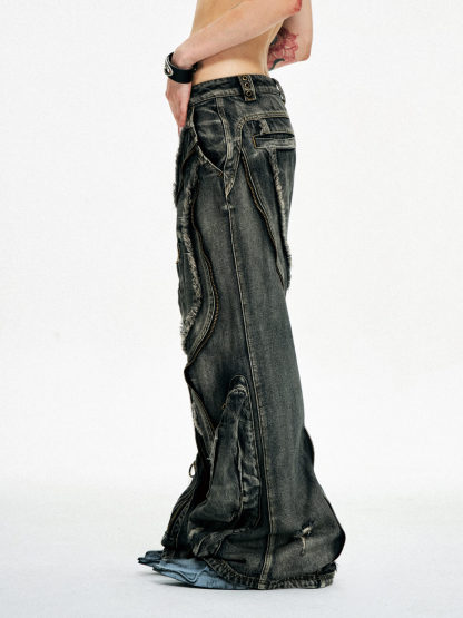 Personsoul Dirty Ripped Denim Baggy Jeans-IYAMIUIO