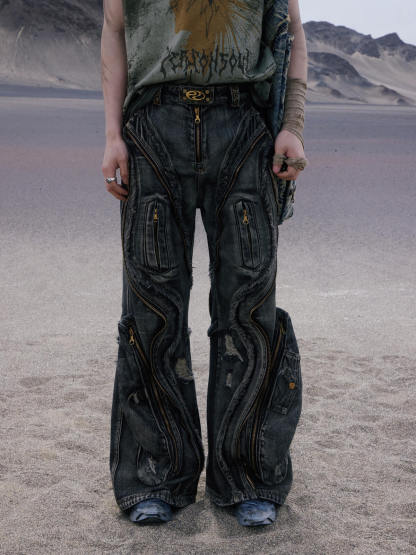 Personsoul Dirty Ripped Denim Baggy Jeans-IYAMIUIO