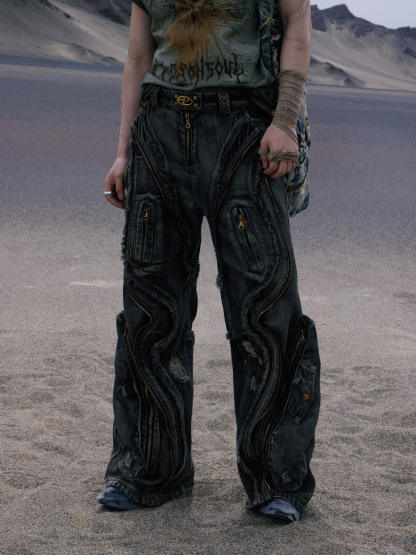 Personsoul Dirty Ripped Denim Baggy Jeans-IYAMIUIO