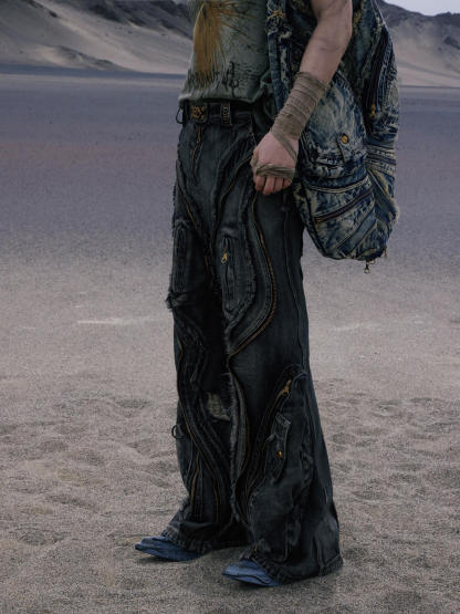 Personsoul Dirty Ripped Denim Baggy Jeans-IYAMIUIO