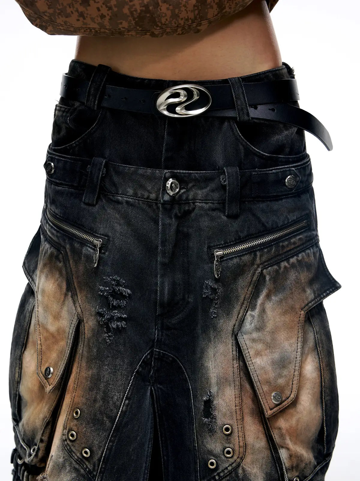 Personsoul Armor Faux Skirt Mud Dye Cargo Pants-IYAMIUIO