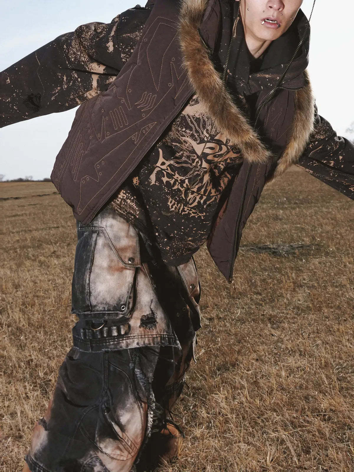 Personsoul Armor Faux Skirt Mud Dye Cargo Pants-IYAMIUIO