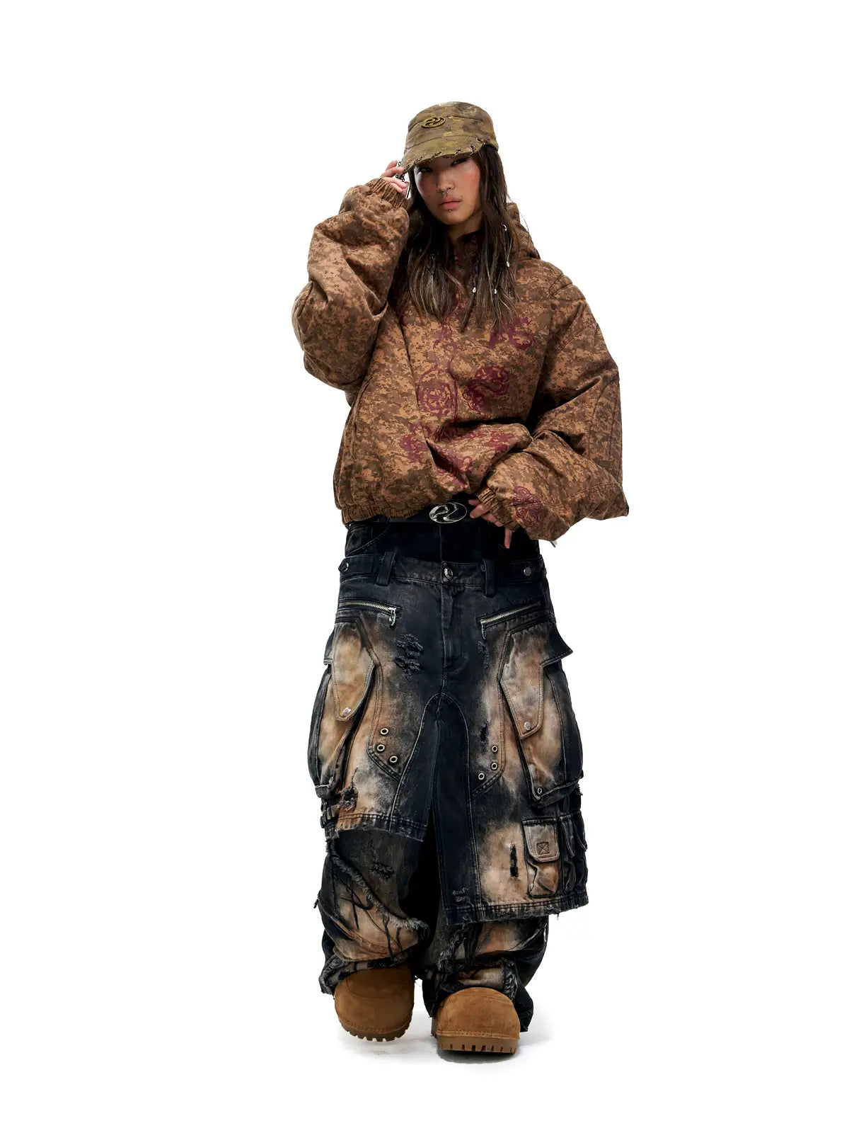 Personsoul Armor Faux Skirt Mud Dye Cargo Pants-IYAMIUIO