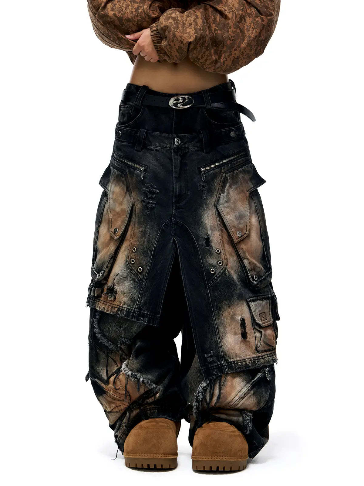Personsoul Armor Faux Skirt Mud Dye Cargo Pants-IYAMIUIO